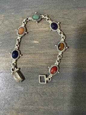 Small 6" Sterling Silver Scarab Bracelet Multi Colored Stones Marked 925